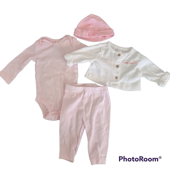 Carter's Infant Girl 4 Piece Bundle Pink White Jacket Onesie Pants Cap Size 3mo - Picture 1 of 11